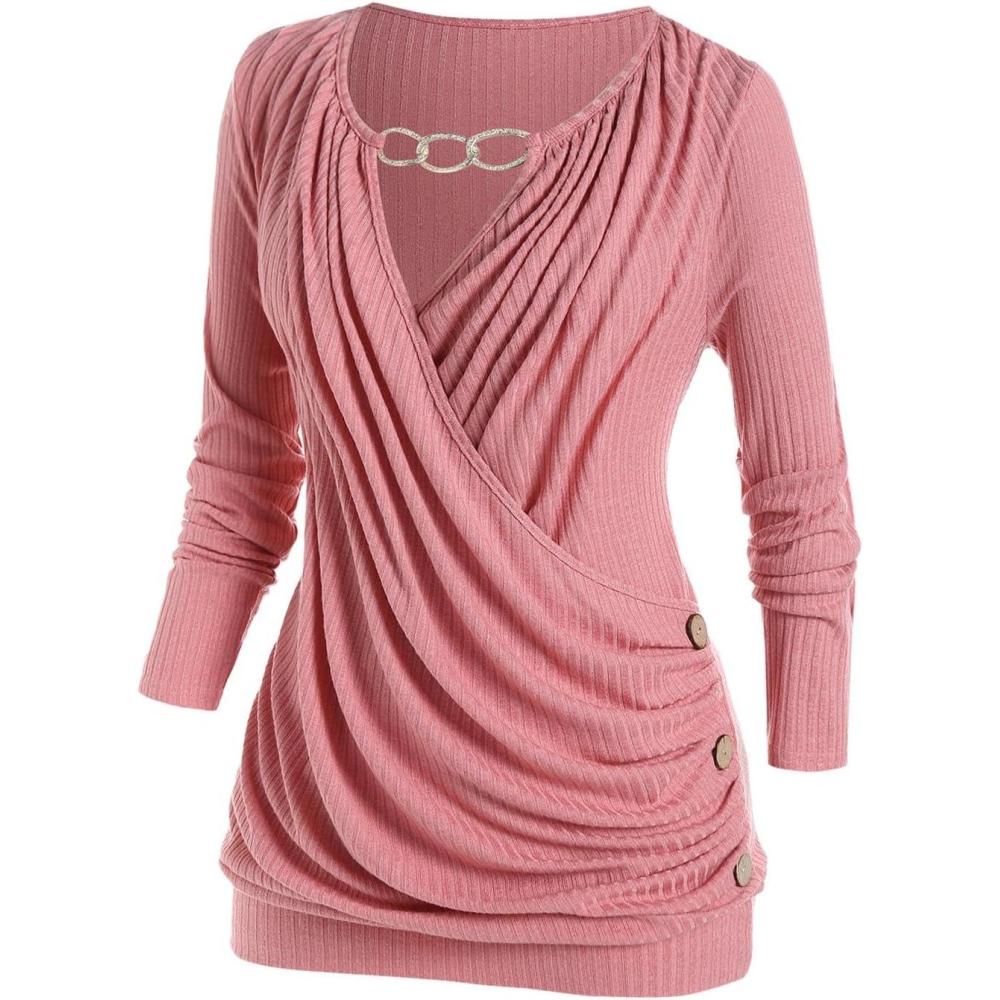 image:imageROSE GAL Rosegal Womens Plus Size Wide Ribbed Keyhole Cutout Draped Ruched Surplice Wrap Long Sleeve Blouson TopPink