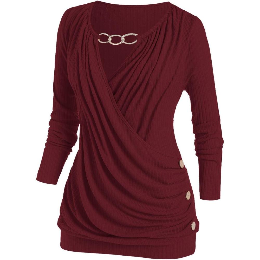 image:imageROSE GAL Rosegal Womens Plus Size Wide Ribbed Keyhole Cutout Draped Ruched Surplice Wrap Long Sleeve Blouson TopRed