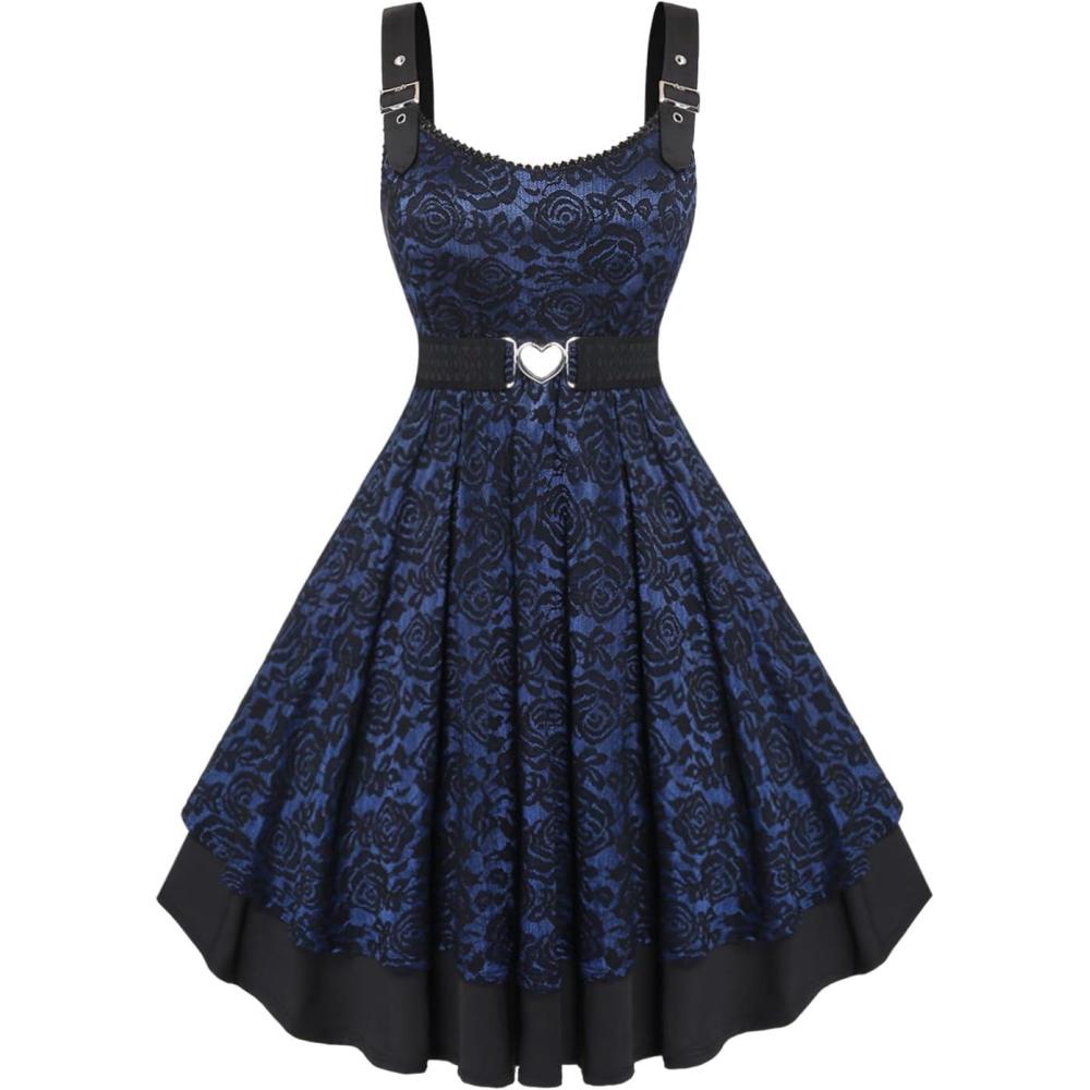 image:imageROSE GAL Women Plus Size 1950s Vintage Floral Lace Jacquard Belt Fit and Flare Dress Cocktail Party DressBlue1