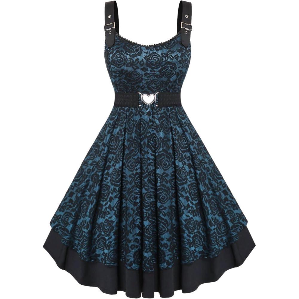 image:imageROSE GAL Women Plus Size 1950s Vintage Floral Lace Jacquard Belt Fit and Flare Dress Cocktail Party DressBlue2
