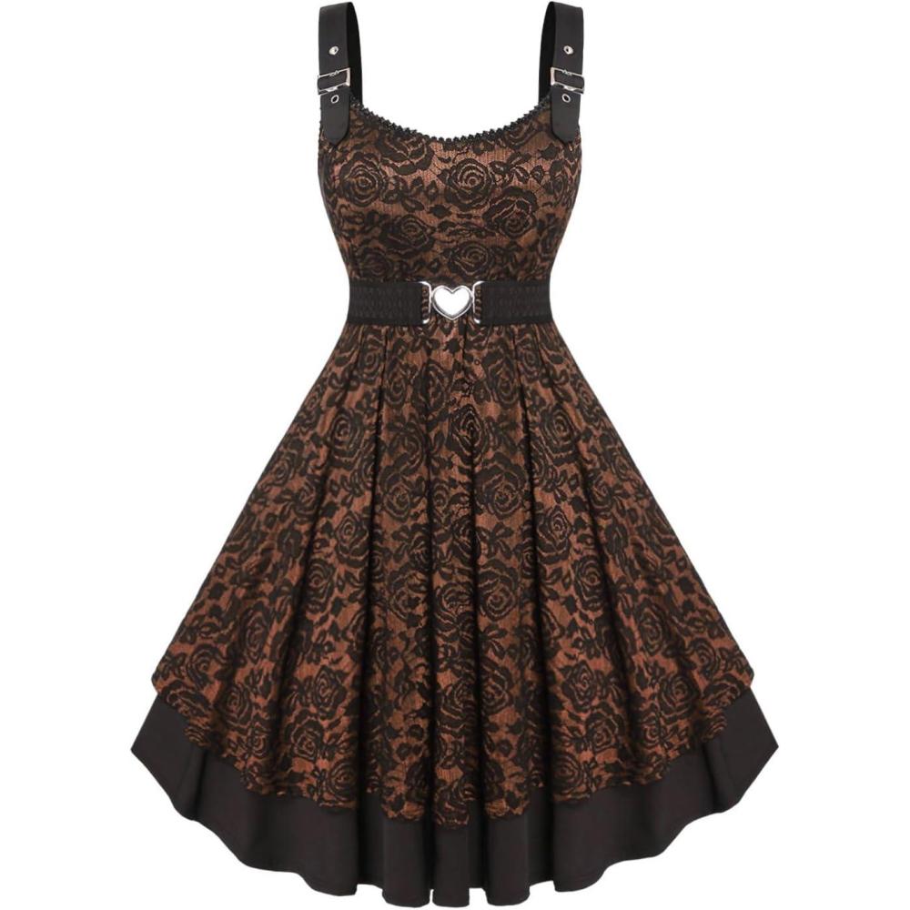 image:imageROSE GAL Women Plus Size 1950s Vintage Floral Lace Jacquard Belt Fit and Flare Dress Cocktail Party DressCoffee1