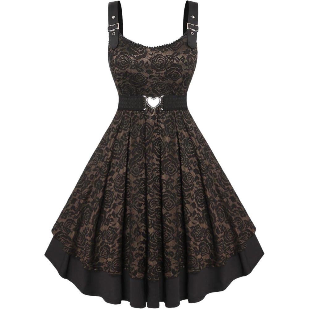 image:imageROSE GAL Women Plus Size 1950s Vintage Floral Lace Jacquard Belt Fit and Flare Dress Cocktail Party DressCoffee2