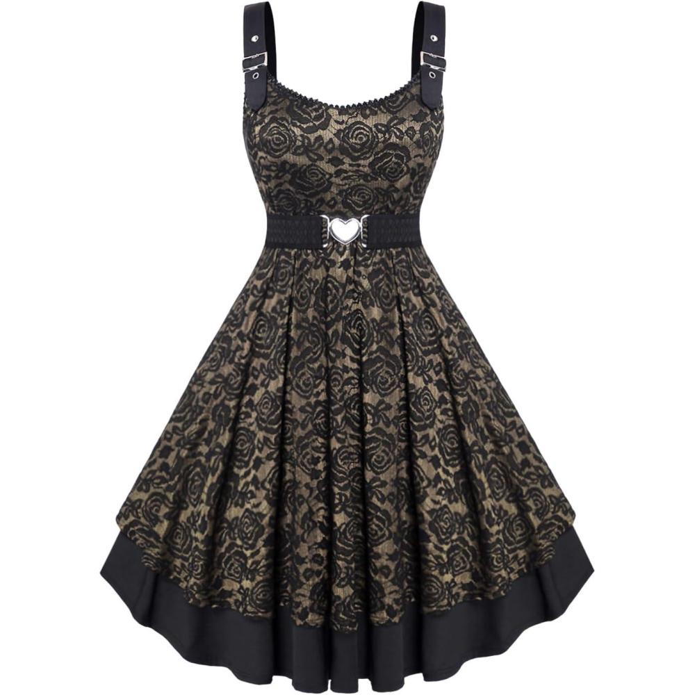 image:imageROSE GAL Women Plus Size 1950s Vintage Floral Lace Jacquard Belt Fit and Flare Dress Cocktail Party DressGolden1