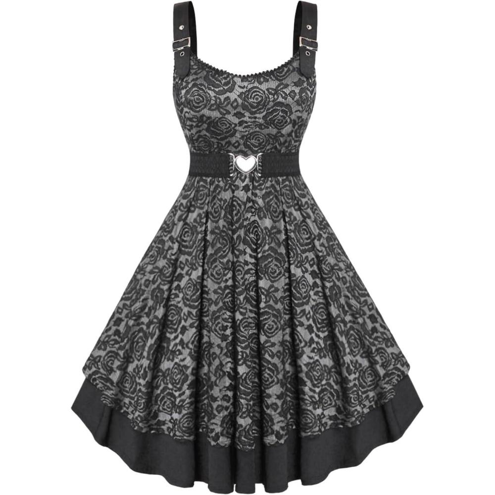 image:imageROSE GAL Women Plus Size 1950s Vintage Floral Lace Jacquard Belt Fit and Flare Dress Cocktail Party DressGray1