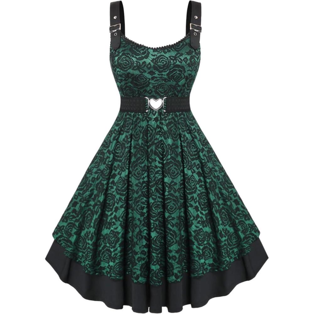 image:imageROSE GAL Women Plus Size 1950s Vintage Floral Lace Jacquard Belt Fit and Flare Dress Cocktail Party DressGreen1