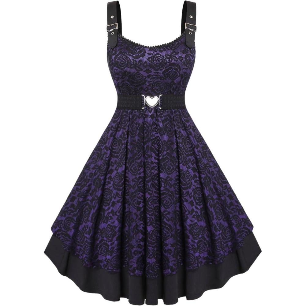 image:imageROSE GAL Women Plus Size 1950s Vintage Floral Lace Jacquard Belt Fit and Flare Dress Cocktail Party DressPurple2