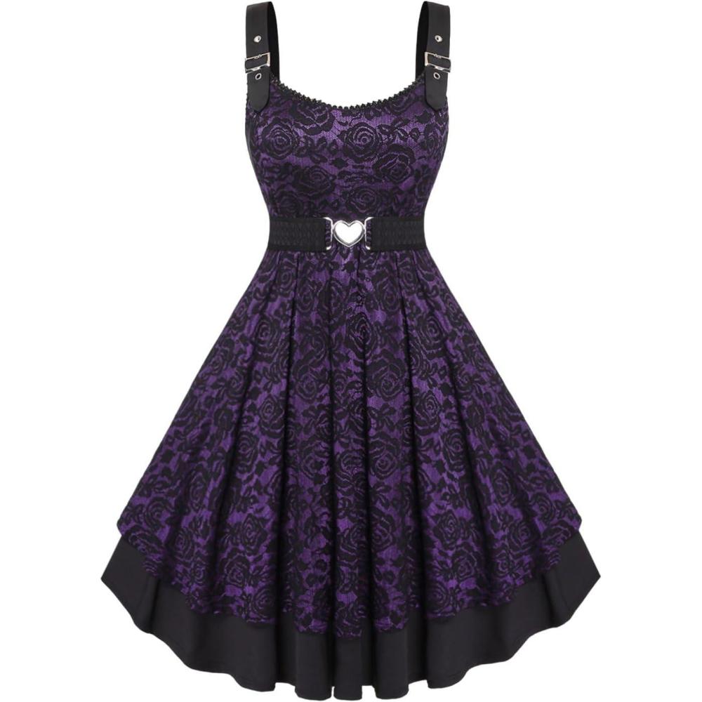 image:imageROSE GAL Women Plus Size 1950s Vintage Floral Lace Jacquard Belt Fit and Flare Dress Cocktail Party DressPurple3