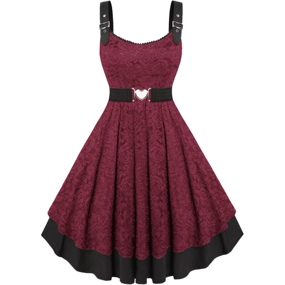 image:imageROSE GAL Women Plus Size 1950s Vintage Floral Lace Jacquard Belt Fit and Flare Dress Cocktail Party DressRed1