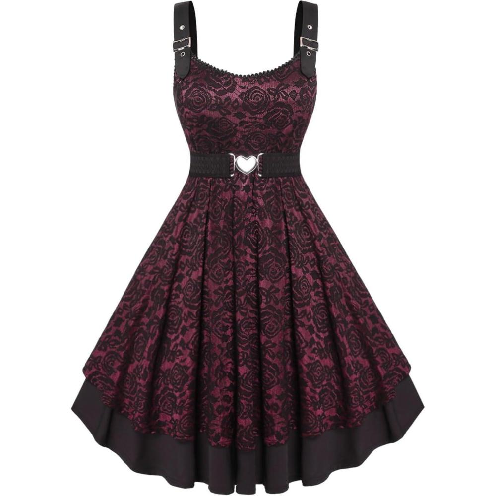 image:imageROSE GAL Women Plus Size 1950s Vintage Floral Lace Jacquard Belt Fit and Flare Dress Cocktail Party DressRed2