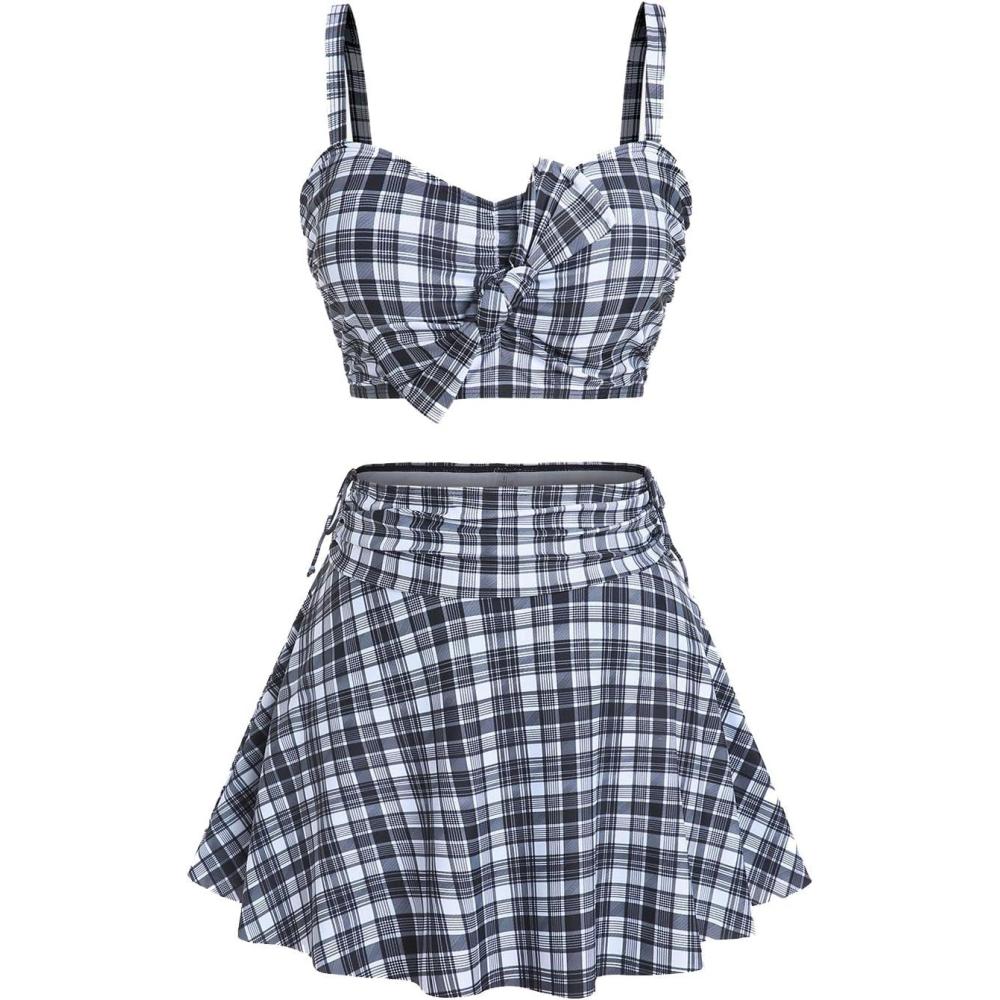 image:imageROSE GAL Women Plus Size 3 Piece Tankini Swimsuit Vintage Bowknot Plaid Tummy Control Bathing SuitBlack1