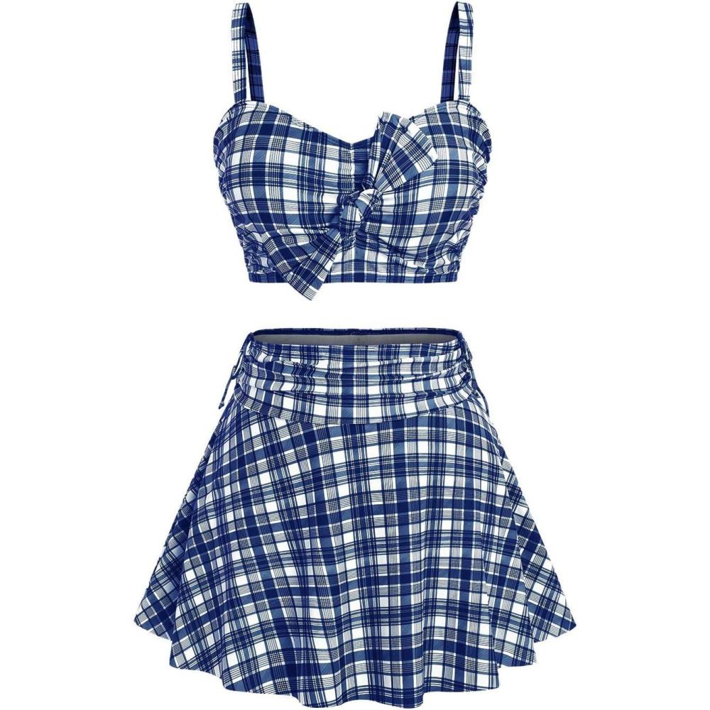 image:imageROSE GAL Women Plus Size 3 Piece Tankini Swimsuit Vintage Bowknot Plaid Tummy Control Bathing SuitBlue1