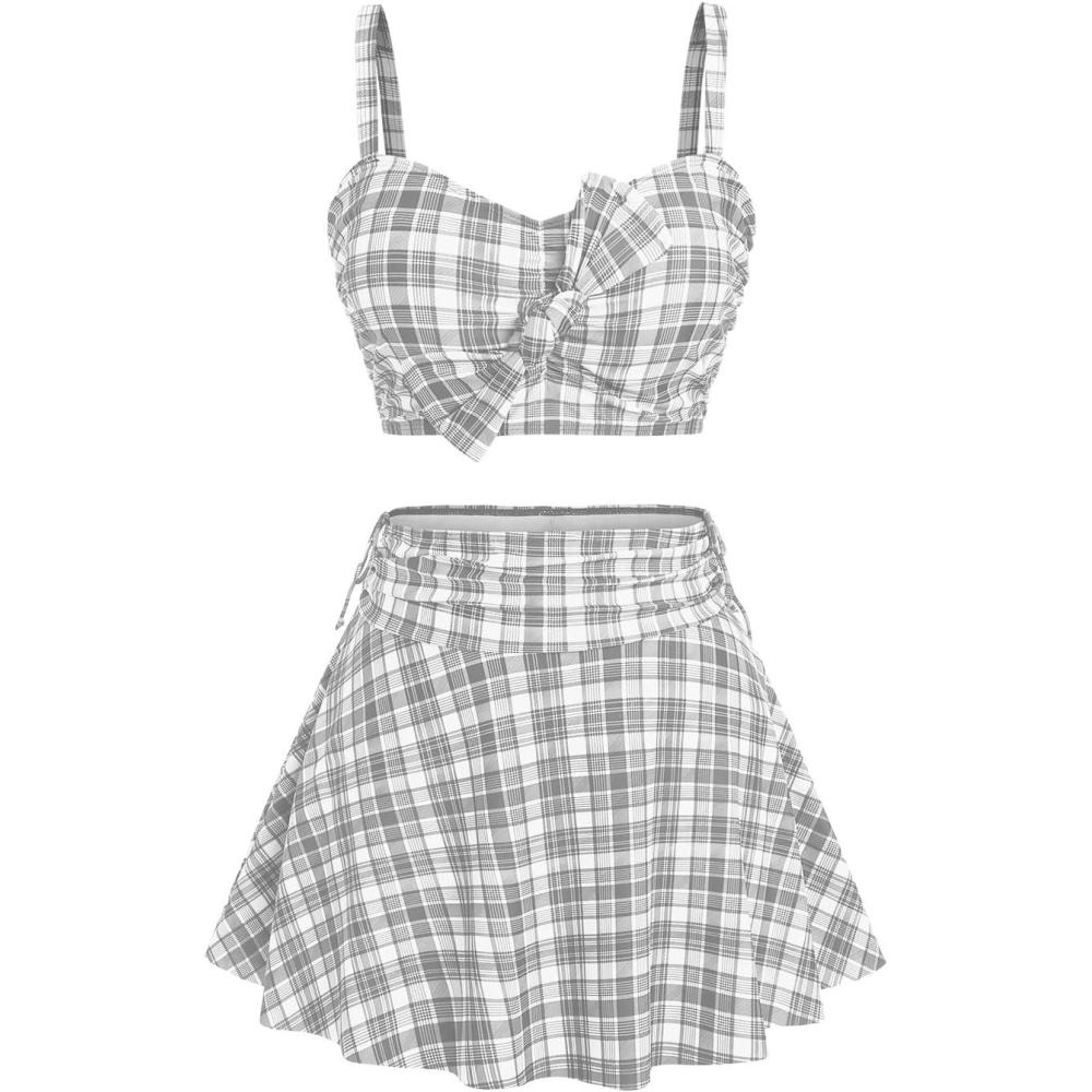 image:imageROSE GAL Women Plus Size 3 Piece Tankini Swimsuit Vintage Bowknot Plaid Tummy Control Bathing SuitGray1