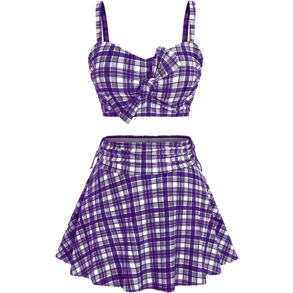 image:imageROSE GAL Women Plus Size 3 Piece Tankini Swimsuit Vintage Bowknot Plaid Tummy Control Bathing SuitPurple1