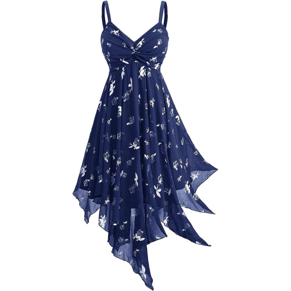 image:imageROSE GAL Women Plus Size Butterfly Print Empire Waist Handkerchief Hem Backless Midi Flowy DressDeep Blue