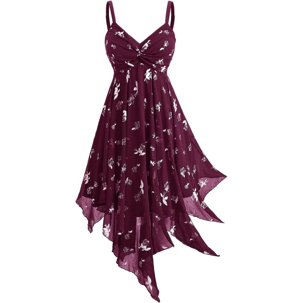 image:imageROSE GAL Women Plus Size Butterfly Print Empire Waist Handkerchief Hem Backless Midi Flowy DressWine Red
