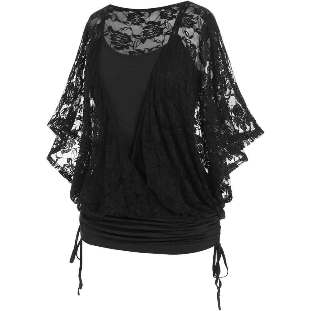 image:imageROSE GAL Women Plus Size Cinched Ruched Batwing Sleeves Lace 2 in 1 Tee Blouson TopBlack216a