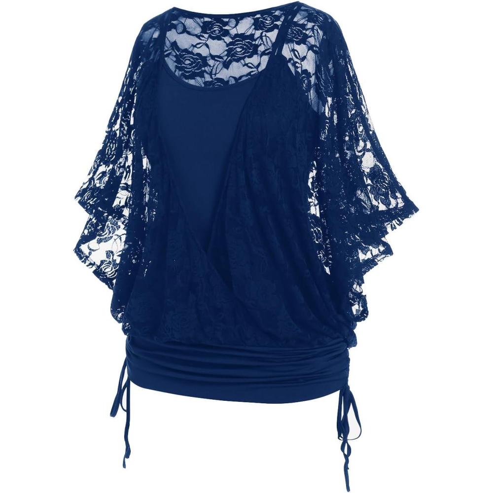 image:imageROSE GAL Women Plus Size Cinched Ruched Batwing Sleeves Lace 2 in 1 Tee Blouson TopBlue1