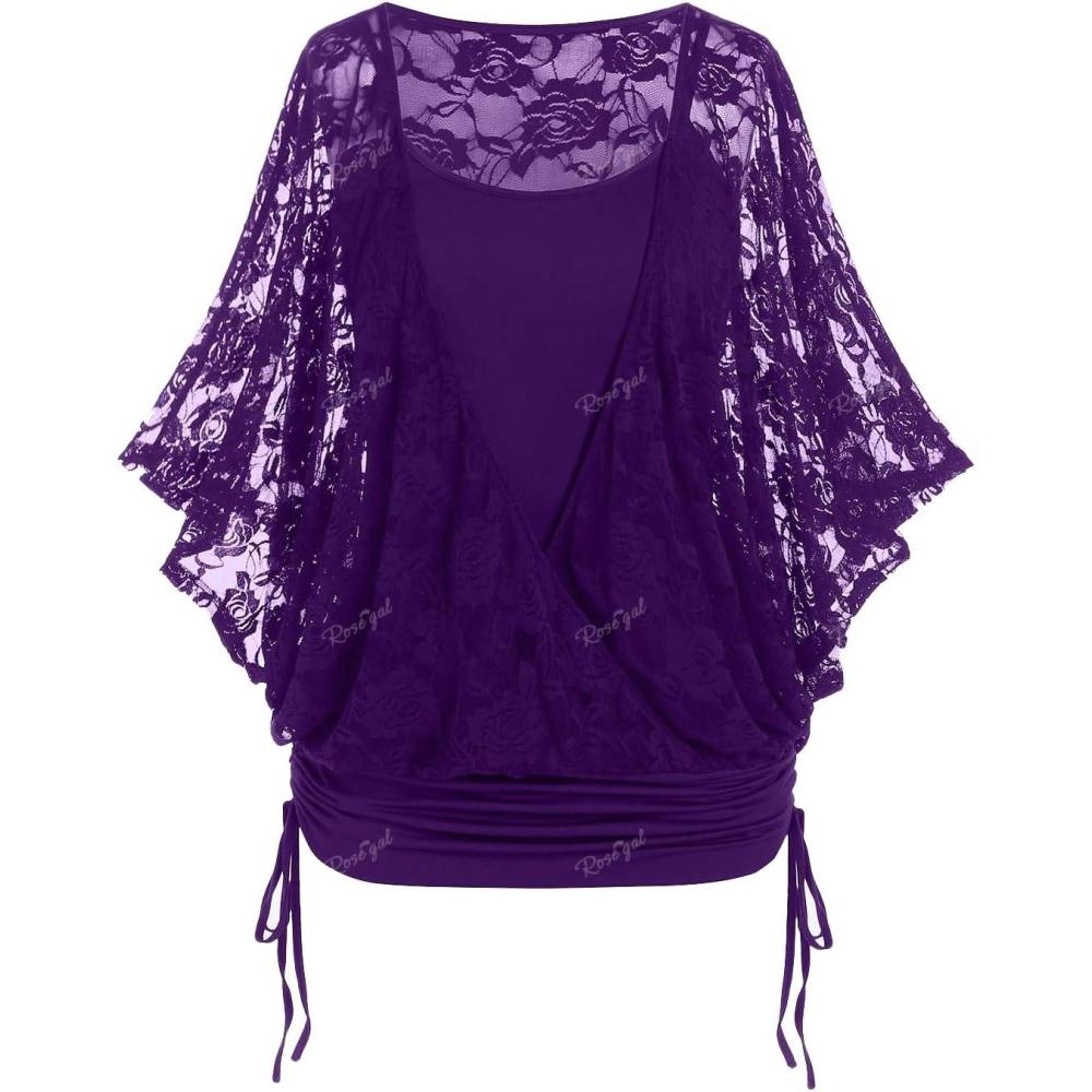 image:imageROSE GAL Women Plus Size Cinched Ruched Batwing Sleeves Lace 2 in 1 Tee Blouson TopPurple1