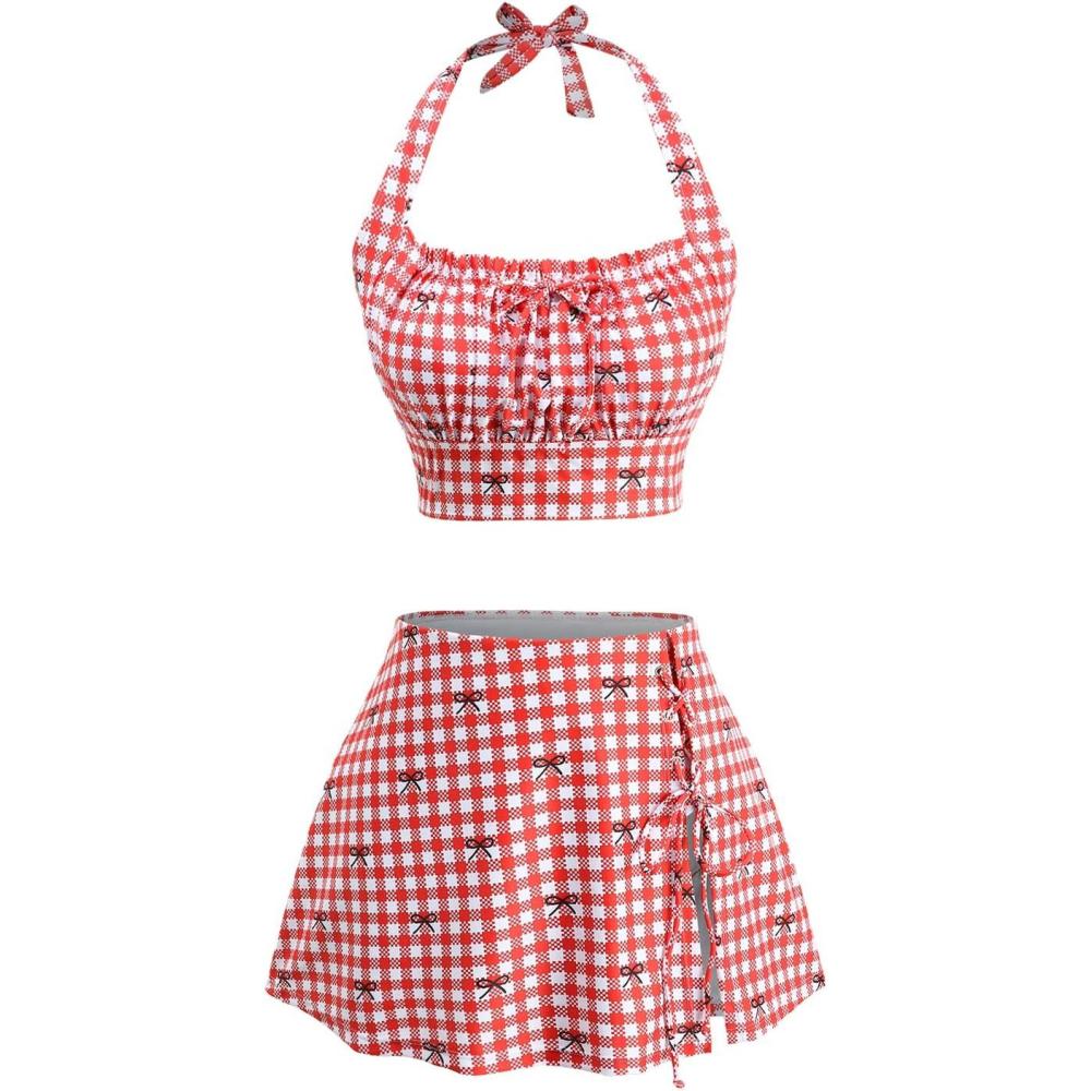 image:imageROSE GAL Women Plus Size Cute Gingham Bowknot Print Laceup Bikini Halter Two Piece Swimsuit with SkirtRed