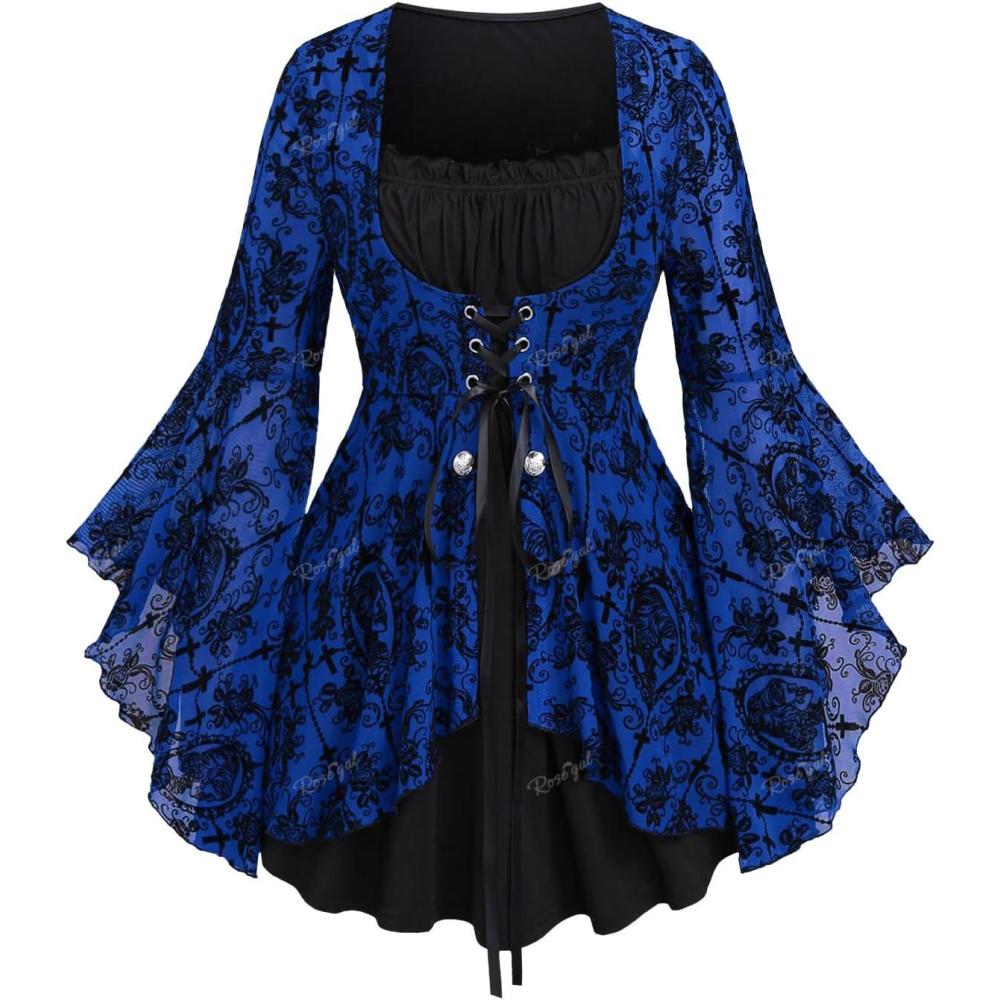 image:imageROSE GAL Women Plus Size Flare Sleeves Ruffles Flower Lace Up 2 in 1 TopBlue1