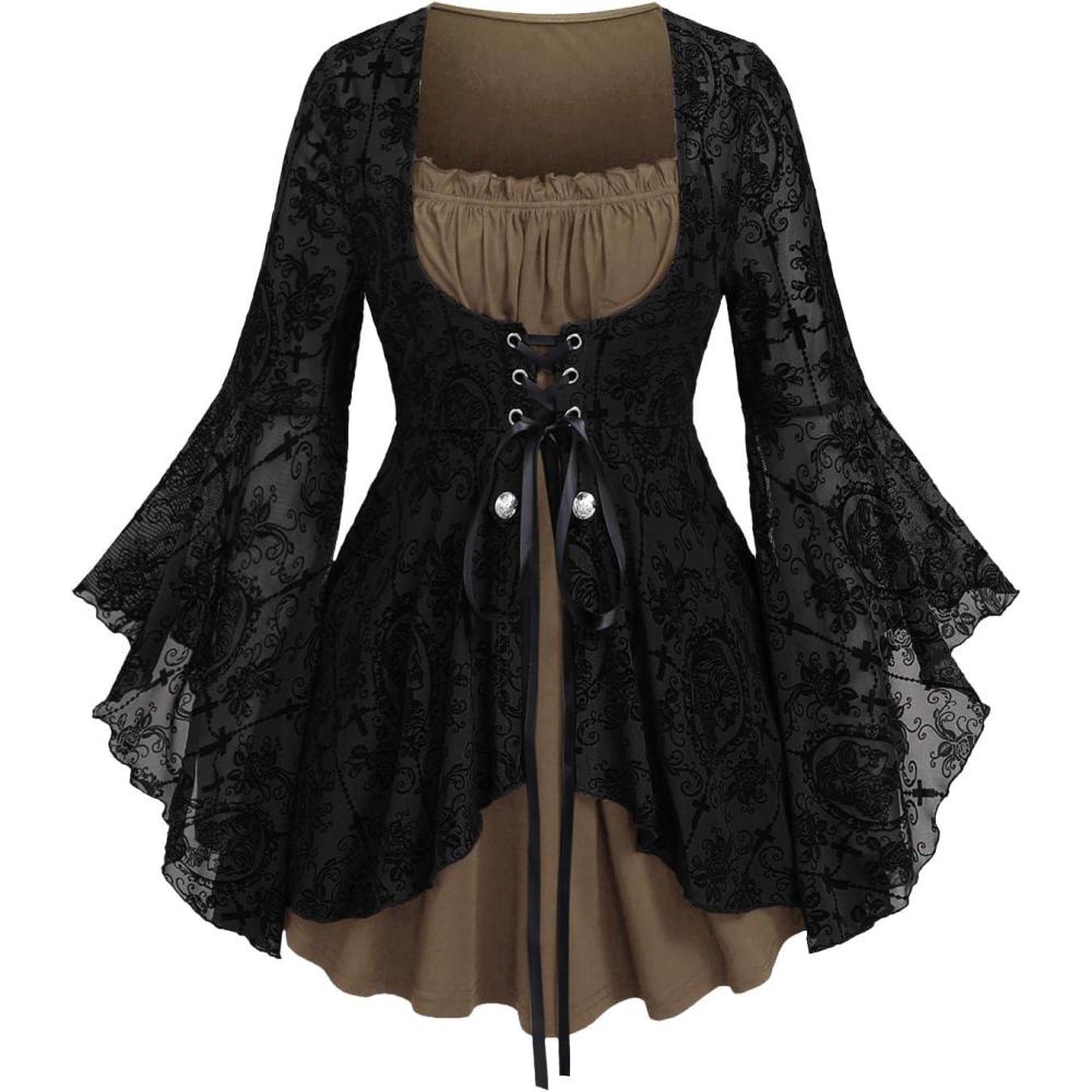 image:imageROSE GAL Women Plus Size Flare Sleeves Ruffles Flower Lace Up 2 in 1 TopBrown1