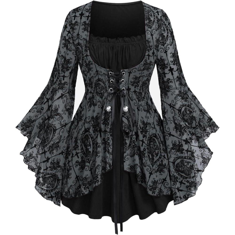 image:imageROSE GAL Women Plus Size Flare Sleeves Ruffles Flower Lace Up 2 in 1 TopGray1