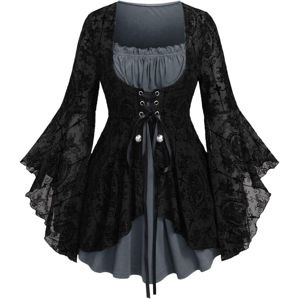 image:imageROSE GAL Women Plus Size Flare Sleeves Ruffles Flower Lace Up 2 in 1 TopGray2