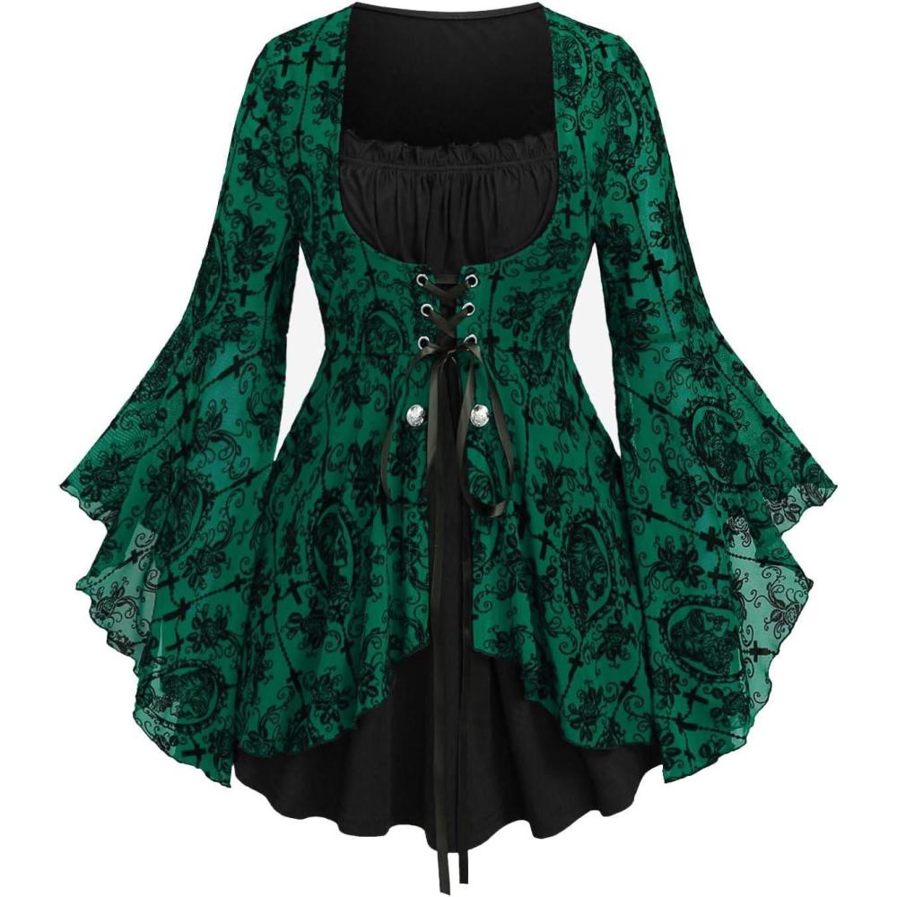 image:imageROSE GAL Women Plus Size Flare Sleeves Ruffles Flower Lace Up 2 in 1 TopGreen2