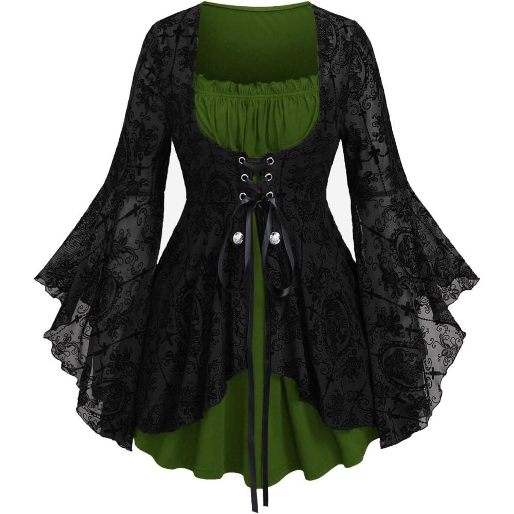 image:imageROSE GAL Women Plus Size Flare Sleeves Ruffles Flower Lace Up 2 in 1 TopGreen4