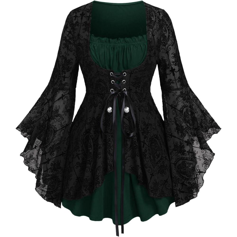 image:imageROSE GAL Women Plus Size Flare Sleeves Ruffles Flower Lace Up 2 in 1 TopGreen6