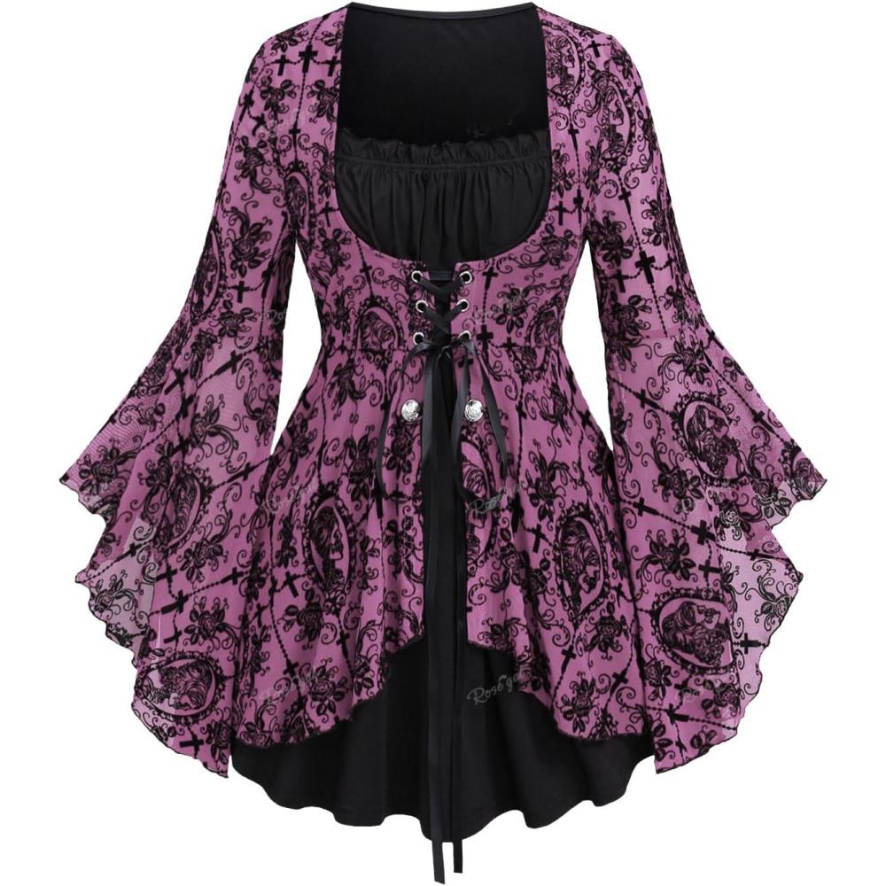 image:imageROSE GAL Women Plus Size Flare Sleeves Ruffles Flower Lace Up 2 in 1 TopLight Pink1