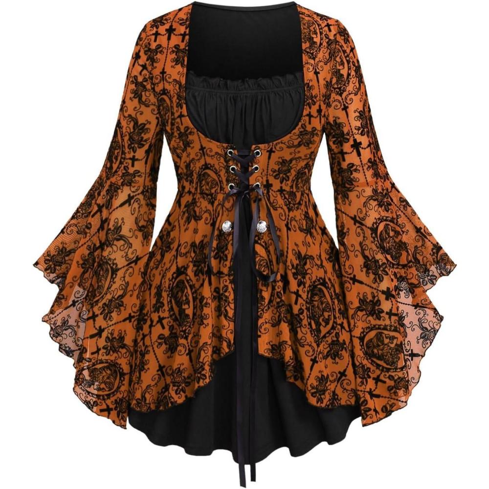 image:imageROSE GAL Women Plus Size Flare Sleeves Ruffles Flower Lace Up 2 in 1 TopOrange1