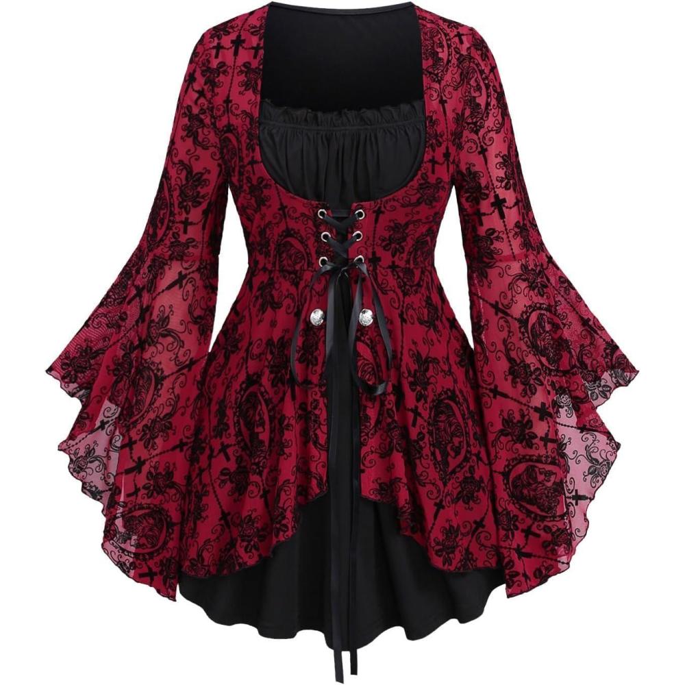 image:imageROSE GAL Women Plus Size Flare Sleeves Ruffles Flower Lace Up 2 in 1 TopRed2