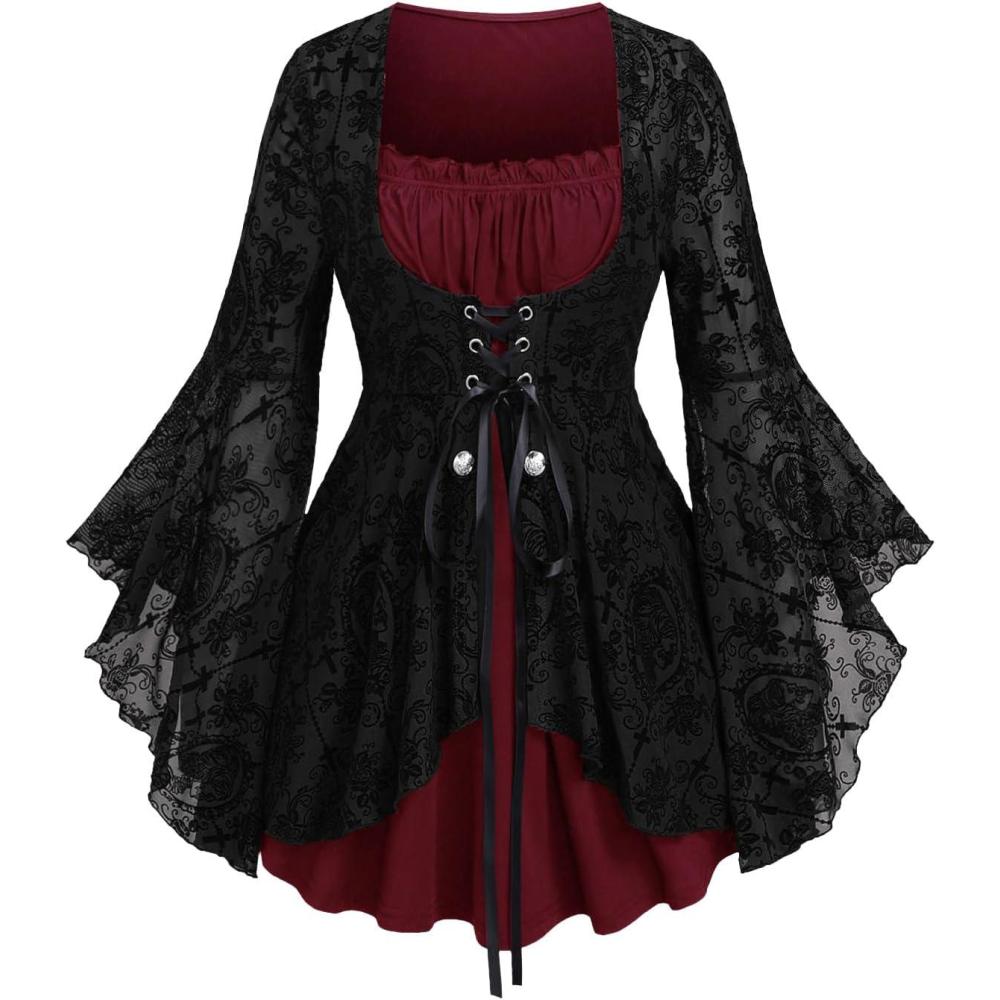 image:imageROSE GAL Women Plus Size Flare Sleeves Ruffles Flower Lace Up 2 in 1 TopRed3