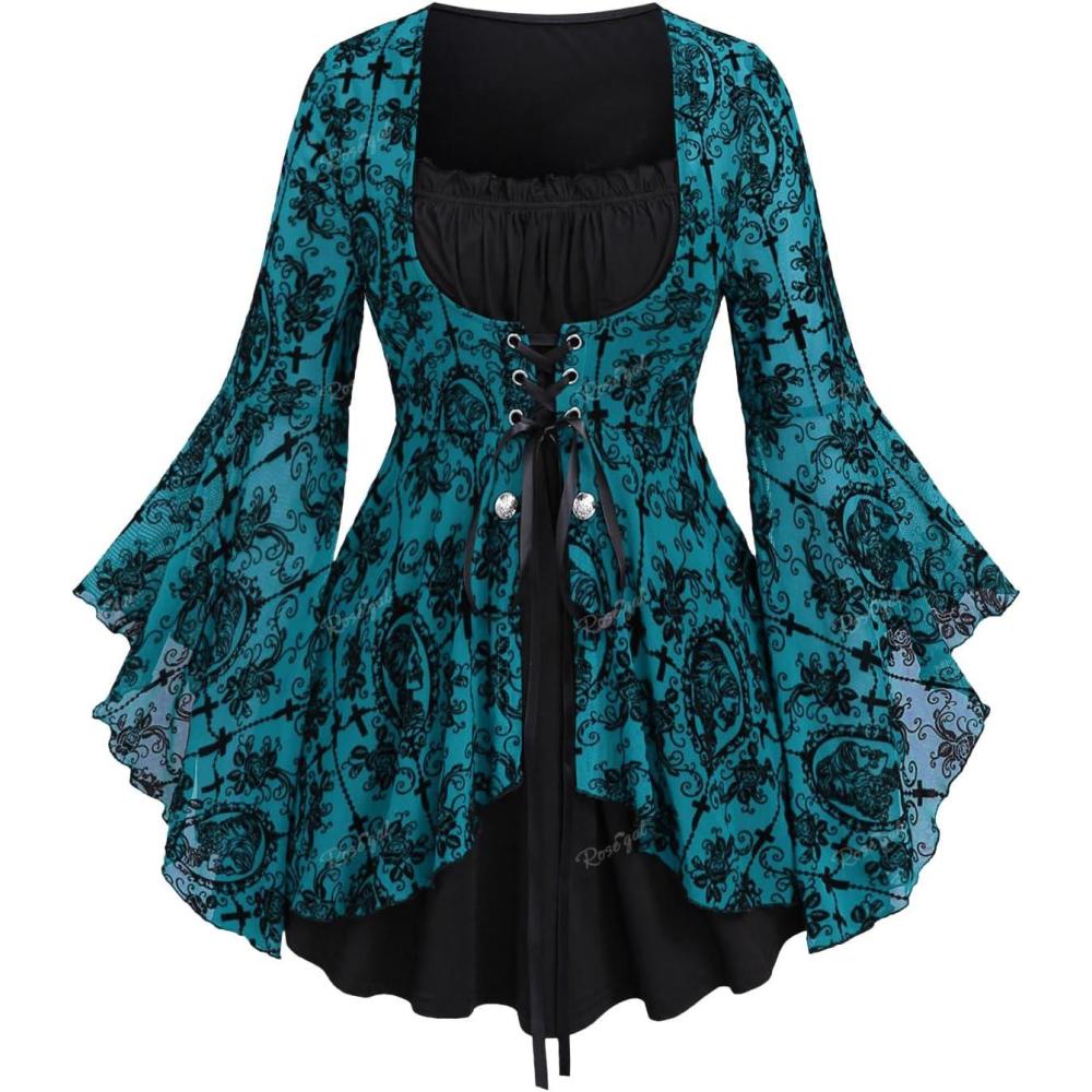 image:imageROSE GAL Women Plus Size Flare Sleeves Ruffles Flower Lace Up 2 in 1 TopSky Blue1