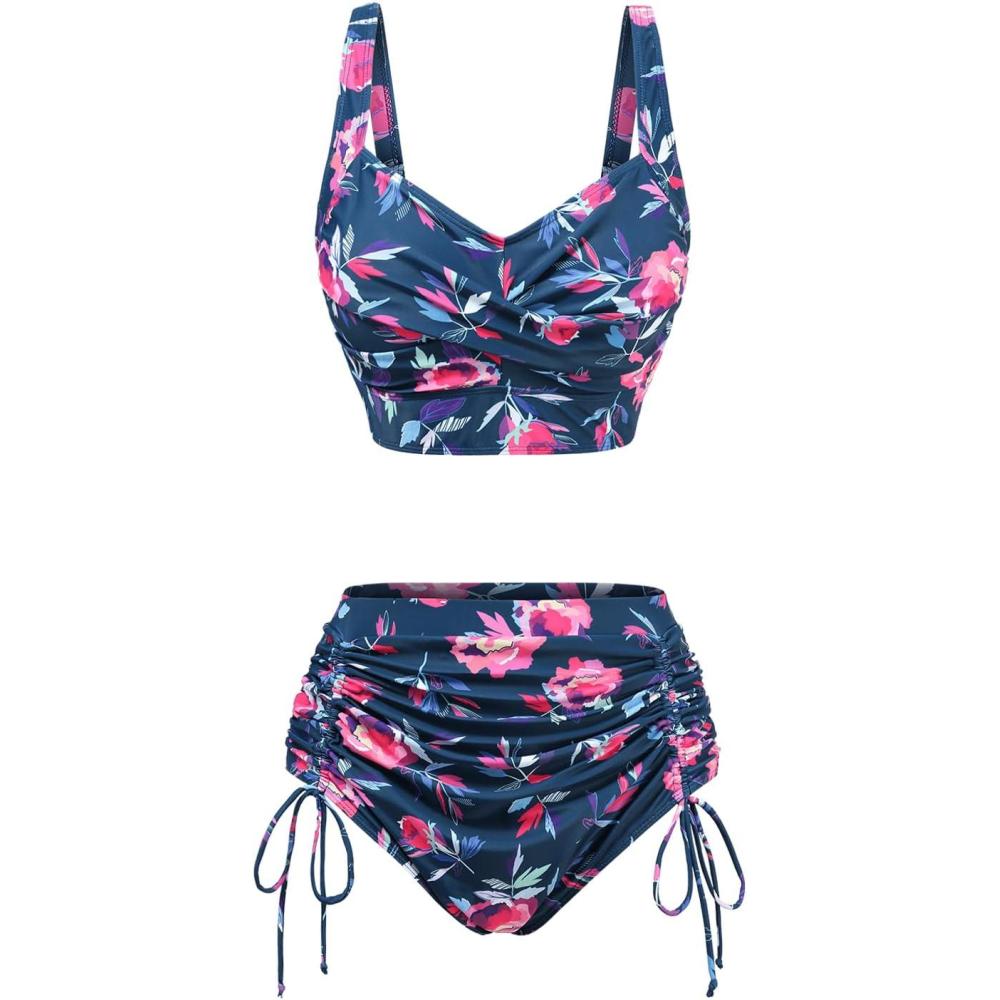 image:imageROSE GAL Women Plus Size Floral Bikini Set Tummy Control Bathing Suit with Drawstring Ruched BottomBlue