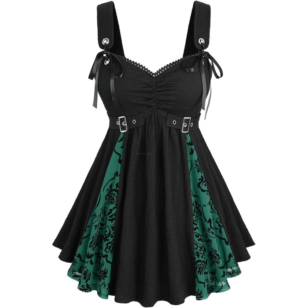 image:imageROSE GAL Women Plus Size Floral Mesh Flocking Patchwork Textured Ruched Gothic Flowy Tank TopGreen