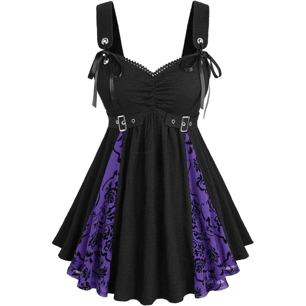 image:imageROSE GAL Women Plus Size Floral Mesh Flocking Patchwork Textured Ruched Gothic Flowy Tank TopPurple