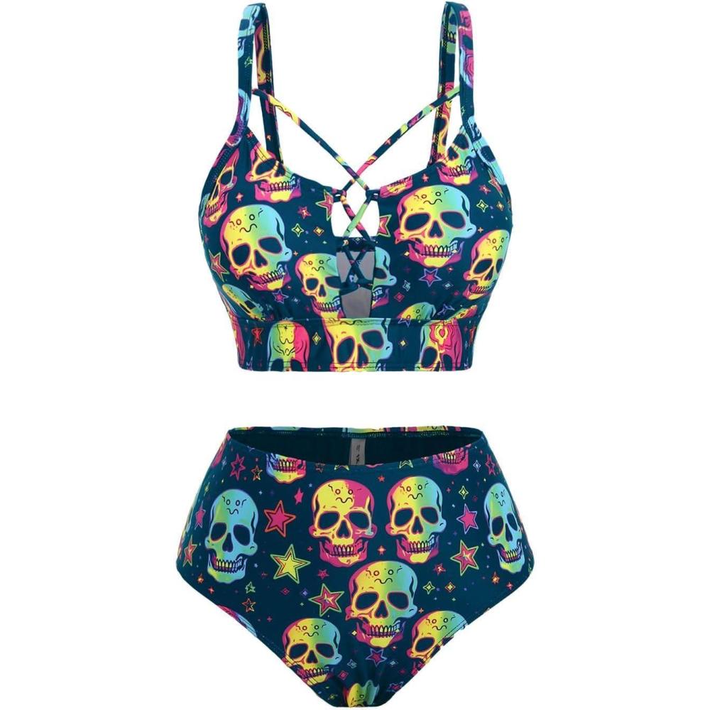 image:imageROSE GAL Women Plus Size Goth Bikini Set Skulls Stars Print Strappy High Waisted SwimsuitsBlue3