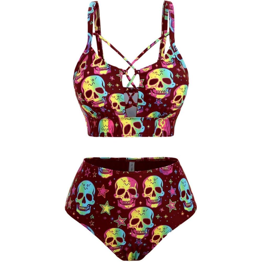 image:imageROSE GAL Women Plus Size Goth Bikini Set Skulls Stars Print Strappy High Waisted SwimsuitsRed1