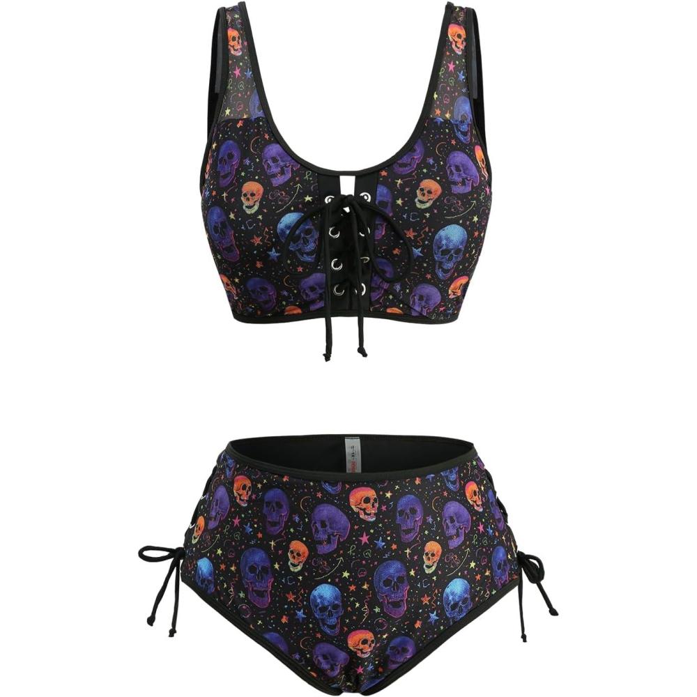 image:imageROSE GAL Women Plus Size Gothic Bikini Sets Skull Stars Print Two Piece Bathing Suits Laceup SwimwearBlack