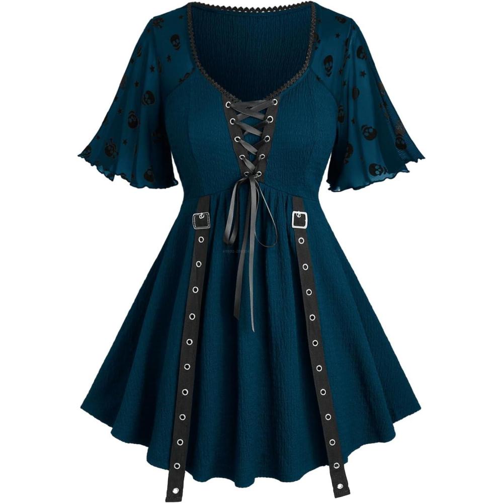 image:imageROSE GAL Women Plus Size Gothic Blouse Skulls Mesh Flocking Flutter Sleeves Lace Up Crinkle Textured Goth Swing TopDeep Green