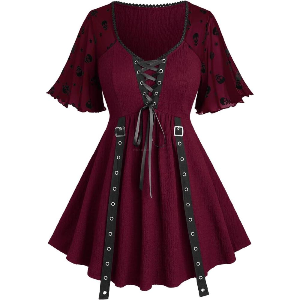 image:imageROSE GAL Women Plus Size Gothic Blouse Skulls Mesh Flocking Flutter Sleeves Lace Up Crinkle Textured Goth Swing TopRed