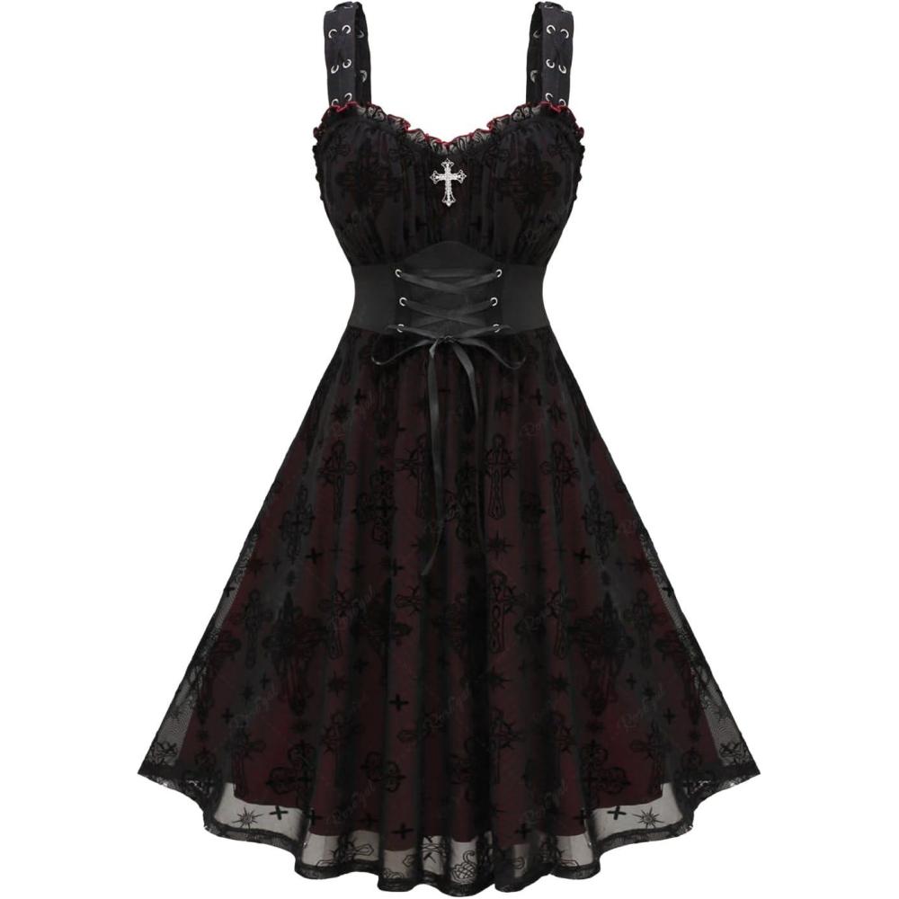 image:imageROSE GAL Women Plus Size Gothic Cross Mesh Overlay Lace Panel Ruffles Midi Dress Vinatge Goth DressBlack1