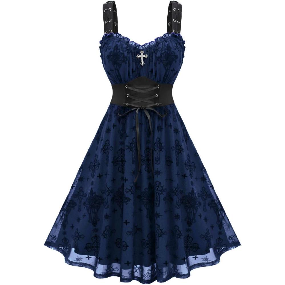 image:imageROSE GAL Women Plus Size Gothic Cross Mesh Overlay Lace Panel Ruffles Midi Dress Vinatge Goth DressBlue1