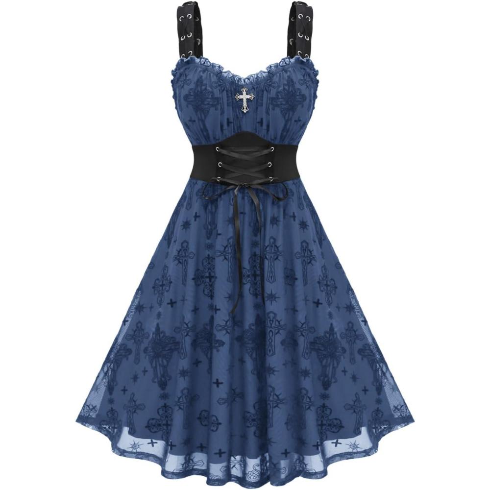 image:imageROSE GAL Women Plus Size Gothic Cross Mesh Overlay Lace Panel Ruffles Midi Dress Vinatge Goth DressBlue3