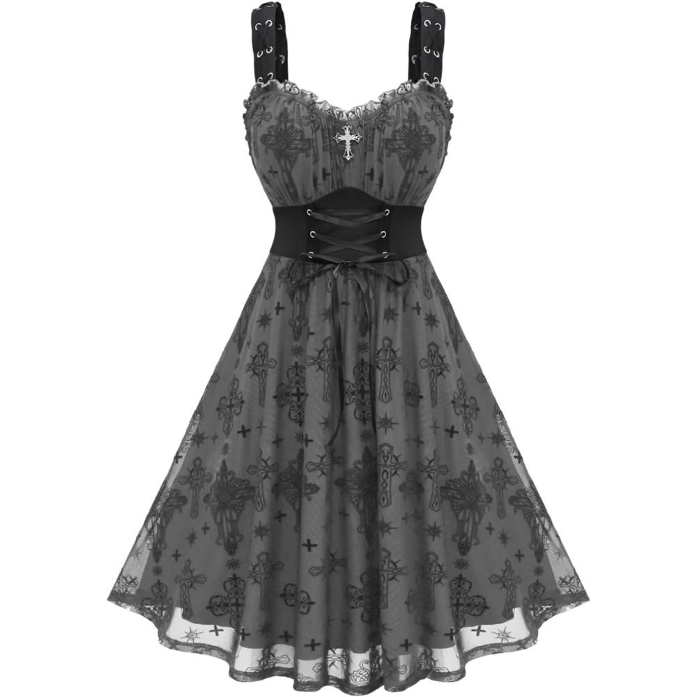 image:imageROSE GAL Women Plus Size Gothic Cross Mesh Overlay Lace Panel Ruffles Midi Dress Vinatge Goth DressGray1