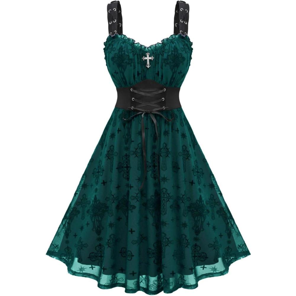 image:imageROSE GAL Women Plus Size Gothic Cross Mesh Overlay Lace Panel Ruffles Midi Dress Vinatge Goth DressGreen1