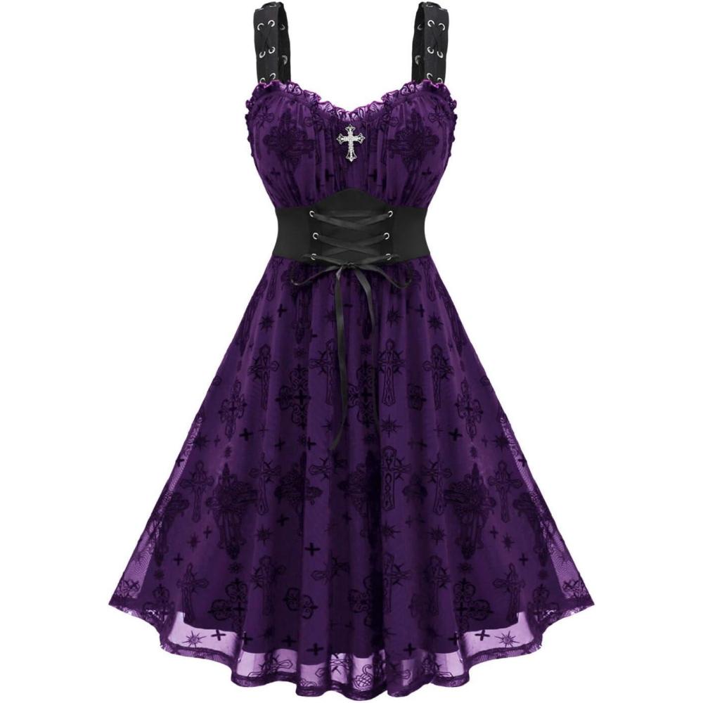image:imageROSE GAL Women Plus Size Gothic Cross Mesh Overlay Lace Panel Ruffles Midi Dress Vinatge Goth DressPurple1
