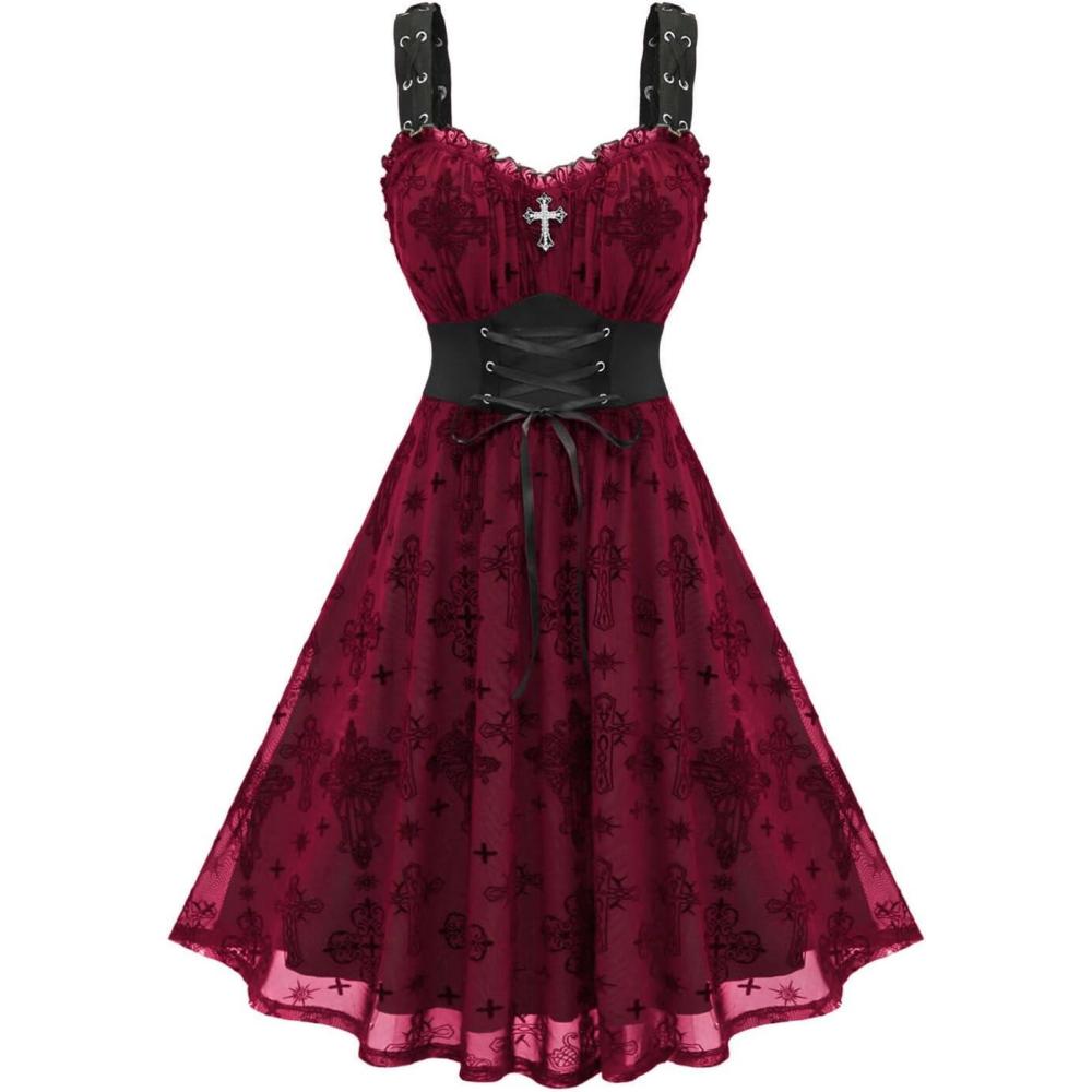 image:imageROSE GAL Women Plus Size Gothic Cross Mesh Overlay Lace Panel Ruffles Midi Dress Vinatge Goth DressRed1